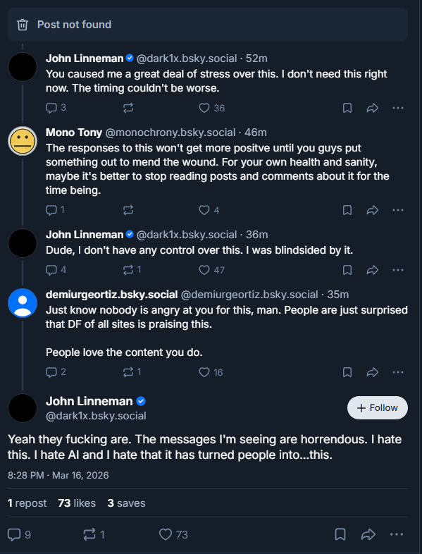 MischiefsYT's tweet image. It seems like not everyone from Digital Foundry is particularly happy with this coverage as John Linneman (not in the video nor wrote the article) is currently claiming he was blindsided on Blue Sky.