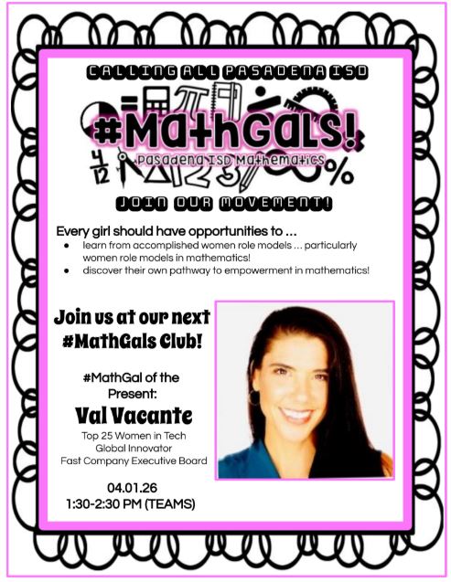 janetdnuzzie's tweet photo. Woohoo! @MarianaBreaux, @WymanEvan, &amp; myself invite all of our Grades 4-6 #PISDMathChat &amp; #PISDMiNTMath girls to join us for our 04.01.26 #MathGals Club conversations focused on #MathGals of the Present &amp; Future! Go, #WomenInSTEM! #NCSM #NCTM #TASMTalk #TCTMTalk #ElemMathChat https://t.co/Mhkf5gb3Jo