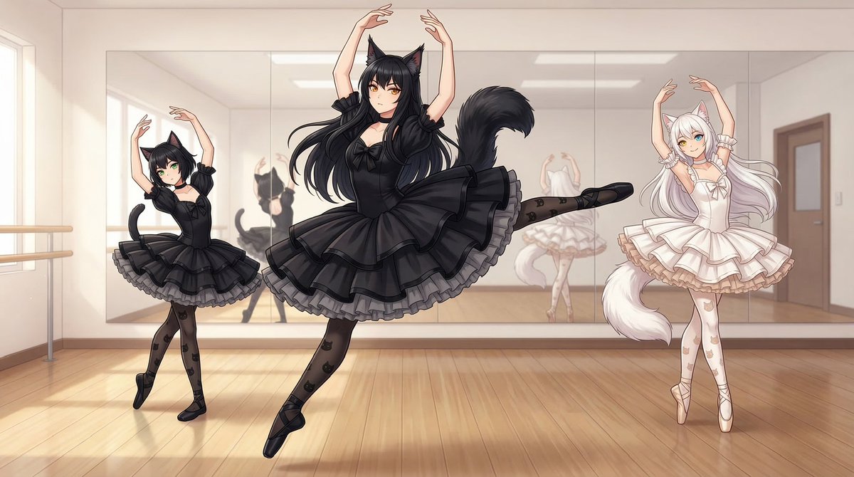 jagger_gt's tweet photo. After them two sorted out their [cough, cough] disagreement, all three ballerina cat-girls {🐈‍⬛🩰Maine Coon, 🐈‍⬛🩰Bombay and 🐈🩰Khao Manee} danced to their hearts content, with their elaborately elegant and graceful ballet dancing 🩰🎀.
(And this time, there were no slip ups.)

#catgirls #猫娘 #ballerinas #バレリーナ #tutus #チュチュ #ballet #バレエ