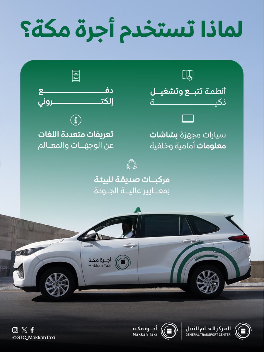 GTC_MakkahTaxi's tweet photo. لماذا تستخدم #أجرة_ مكة؟ تجربة تنقّل تجمع بين الذكاء التقني والاستدامة لخدمة سكان #مكة المكرمة وزوارها. https://t.co/Da2kp5wr2K