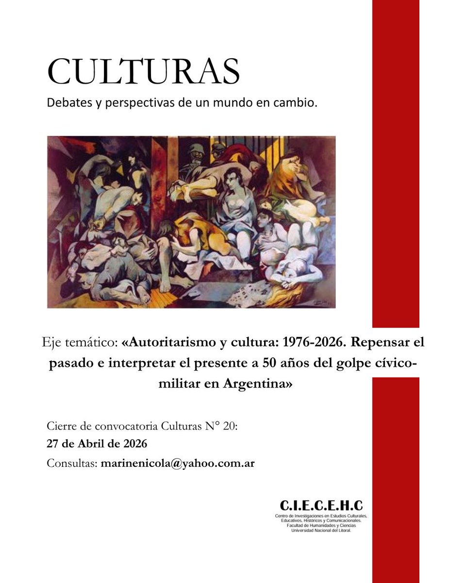 📢 #Convocatorias | Llamado de artículos para revista Culturas N.°20

Eje temático "Autoritarismo y cultura: 1976-2026. Repensar el pasado e interpretar el presente a 50 años del golpe cívico-militar en Argentina"

📅 Envíos hasta el 27/4
📧 marinenicola@yahoo.com.ar