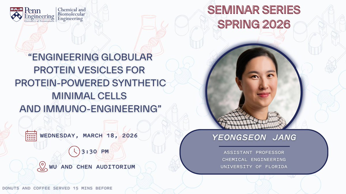 CBE_Penn's tweet photo. Please join us this week for a seminar from Yeongseon Jang, Assistant Professor of Chemical Engineering at the University of Florida.

Weds., 03/18 @ 3:30 PM
Wu &amp; Chen Auditorium https://t.co/bA1b7NLDAv