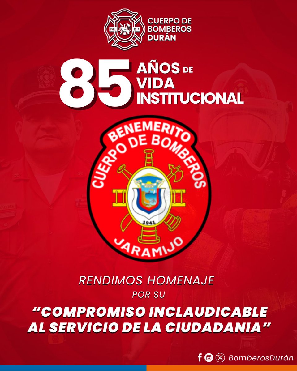 BomberosDuran's tweet photo. ¡El Cuerpo de Bomberos de Durán rinde un emotivo homenaje al Benemérito Cuerpo de Bomberos de Jaramijó en su 85º Aniversario de vida institucional! 👏👩🚒🚒
Reconocemos y aplaudimos su inquebrantable compromiso al servicio de la ciudadanía.🔥
#BomberosJaramijó
#CBMCD https://t.co/93c9YOkzKS
