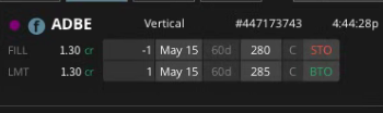 cupcake_trader's tweet photo. π»π ADBE bear call credit spread
π
May 15 (60 DTE)
π¦ -280C / +285C (5-wide)
π° $1.30 credit Β· max profit $130 Β· max loss $370
π― 50% take-profit or close at 21 DTE
below the 200DMA, CEO just stepped down, AI competition on image editing.
$ADBE #options #tastytrade https://t.co/bc3tXbOMCF