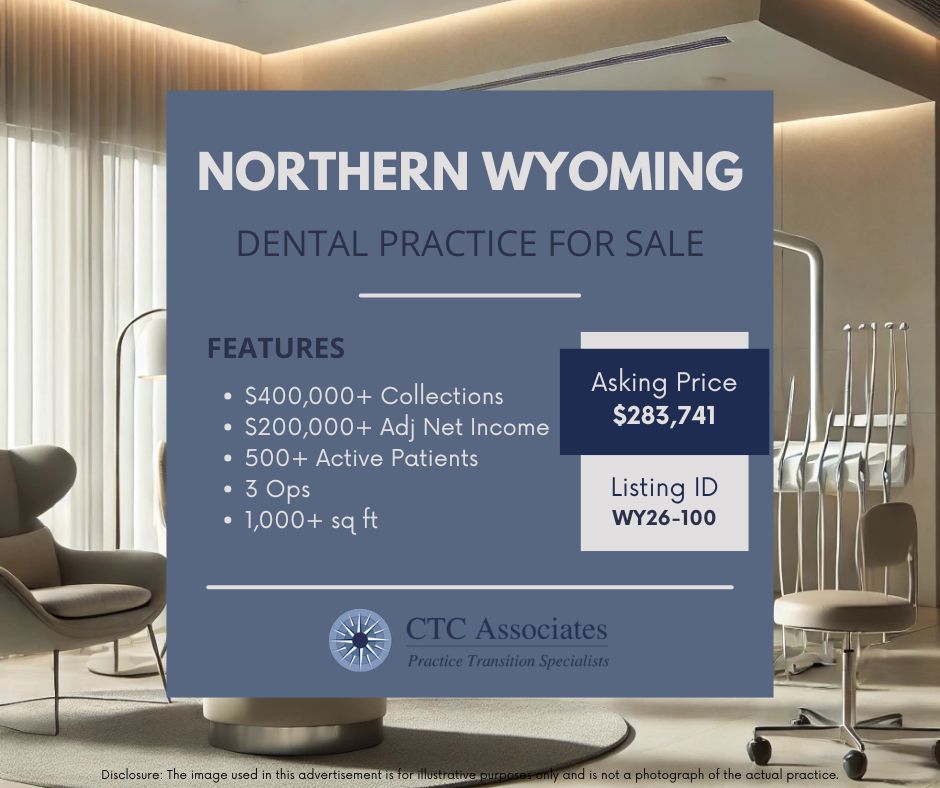 ctc_associates's tweet image. **NEW LISTING** 
 
General Dental practice for sale in Northern Wyoming.  
 
For more information on listing WY26-100, a buyer’s application and signed non-disclosure agreement must be completed: ctc-associates.com/buyers-applica…. 
 
#dentalpracticeforsale #wyomingdentalpracticeforsale