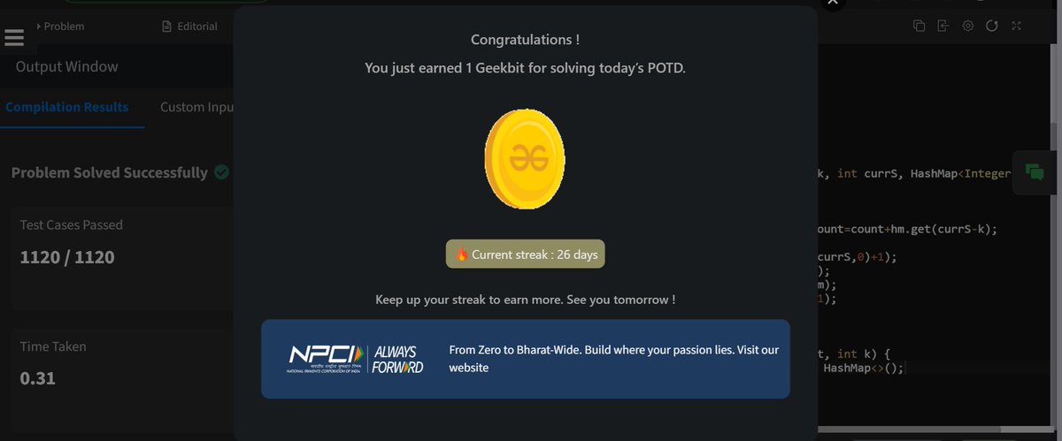 NavagyaSingh's tweet photo. Day 26 of #geekstreak60 #npci #womenintech #TechInnovation #geekstreak2026 #geeksforgeeks #CodingJourney #DSA
@geeksforgeeks https://t.co/x7roPahksL
