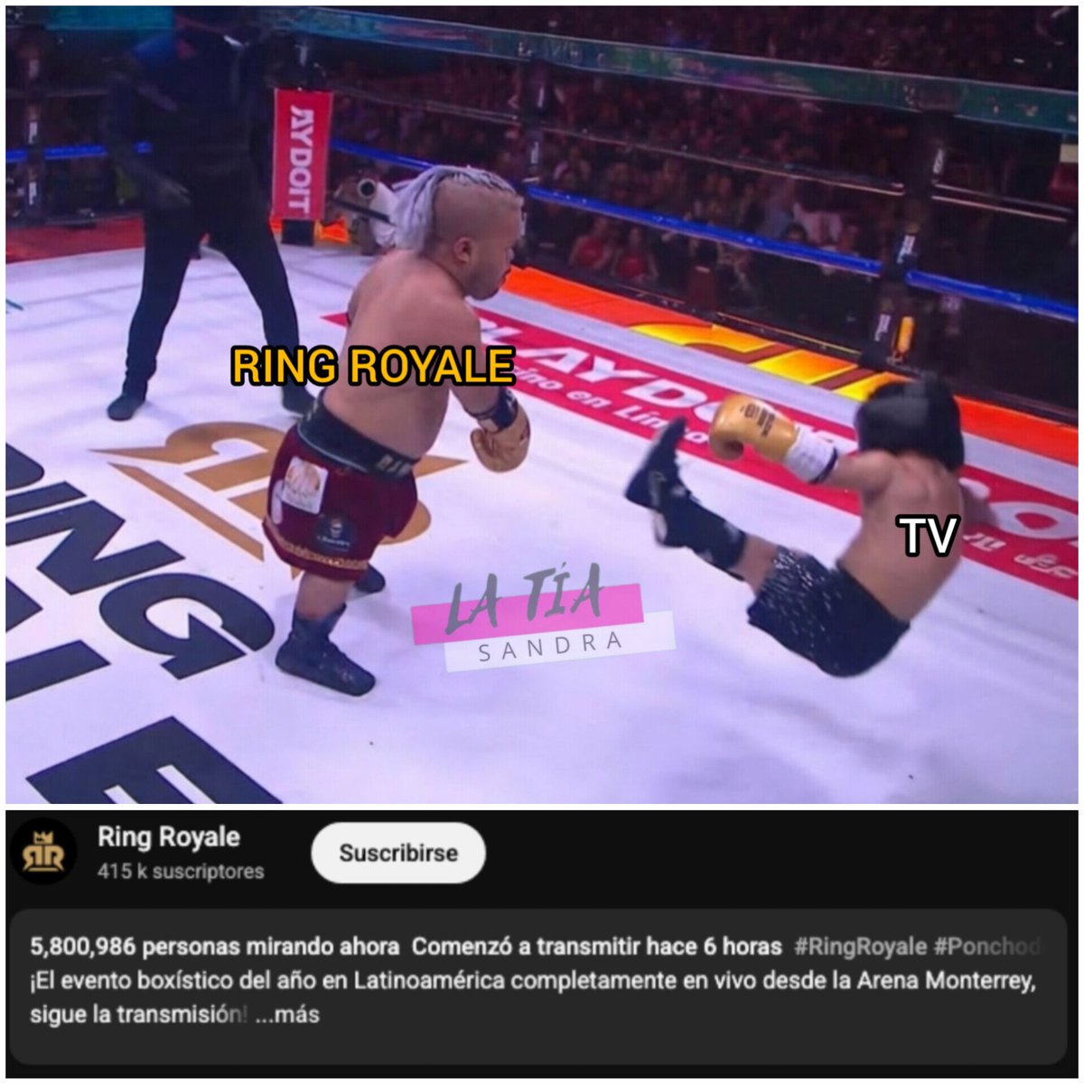 📍 HISTÓRICO: El evento de #RingRoyale llegó hasta 5 MILLONES 800 mil personas conectadas, tan solo en Youtube

Poncho de Nigris hace historia y rompe récords con la primera edición de Ring Royale.

Fue tendencia número 1 en México superando a los Oscars y tendencia número 2 en