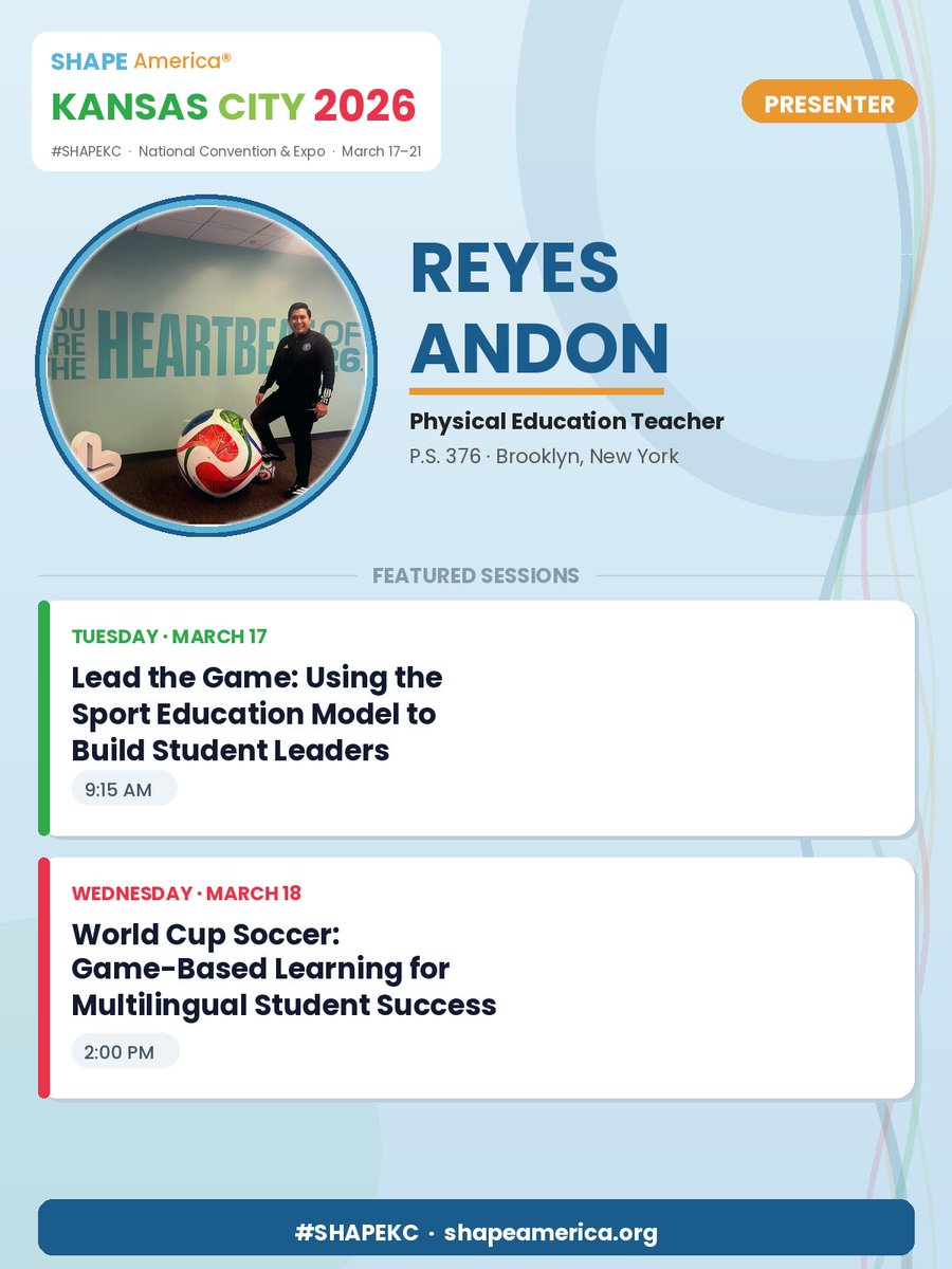 AndonEdu's tweet photo. Excited to be presenting at #SHAPEKC 
I'll be sharing two sessions this week
If you're attending, come through let's talk PE, student leadership &amp; the beautiful game! ⚽
#Physed #SportEd #ELL #MultilingualLearners @District32Supt @nycpswellness @NYCSchools https://t.co/cG7HnXA9RD