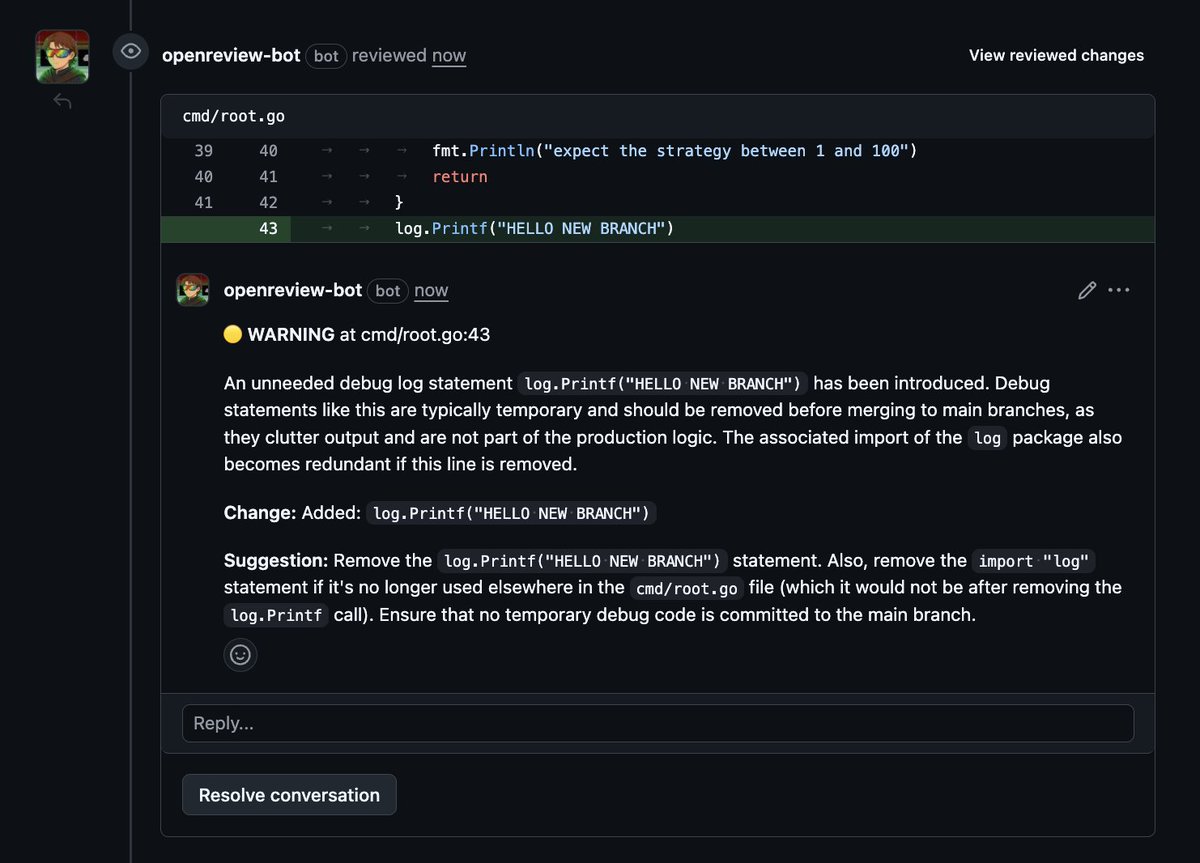 created and integrated the github bot to review the PR, instead of my ...