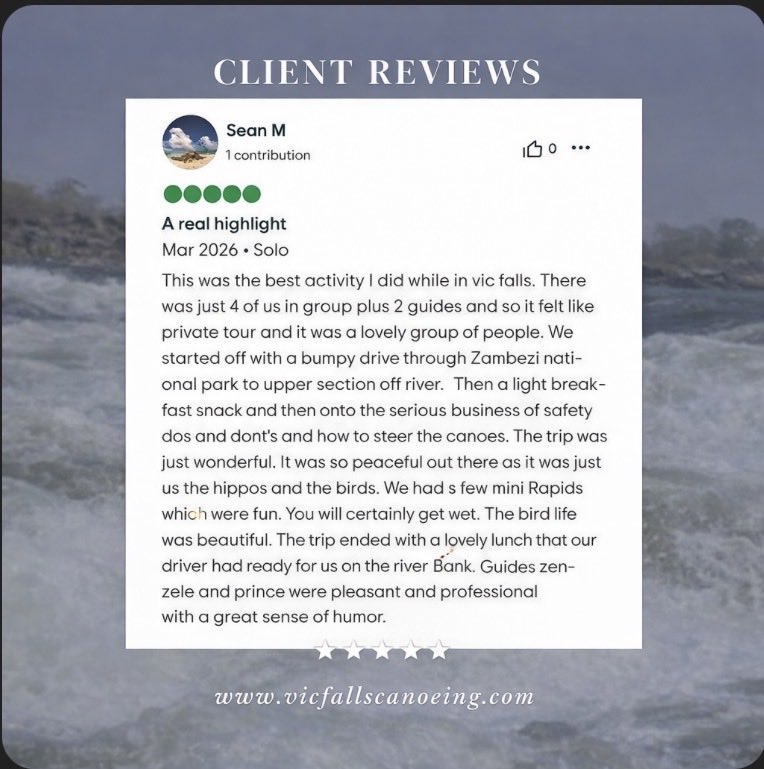 Guest Review

“A real highlight!” Thank you Sean for the wonderful review. We’re thrilled you enjoyed the canoeing adventure, the wildlife, the mini rapids, and the peaceful beauty of the Zambezi River.
Experiences like these are what make every trip special for us. 🛶📸