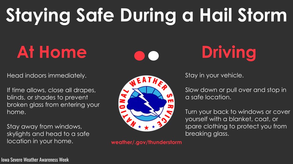 NWSDesMoines's tweet photo. Do you know what to do when you are caught in a hail storm when you are at home? How about when you are driving? Use these tips to help stay safe during hail storms! #SWAW #IAwx #HailSafety https://t.co/4FvnI0qADG