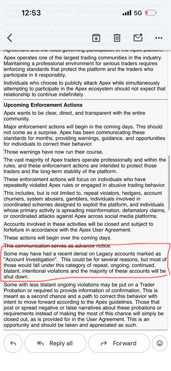 Xavi_PR__'s tweet photo. @KatBlayzin @ApexTradeFund Yes look even says account investigation going to be shutdown thats crazy https://t.co/fUD1TtnqqI