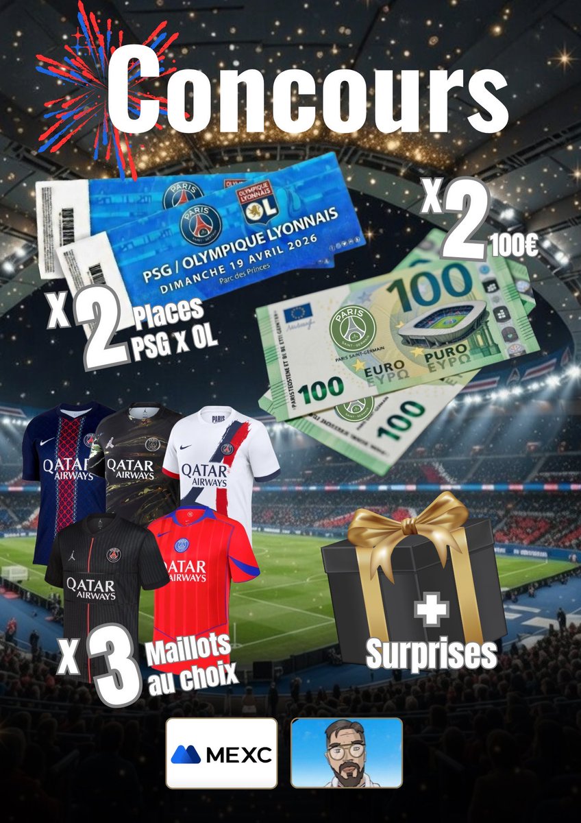 MookieBarbu's tweet photo. RT: Hey la #TeamPSG ! On vous fait gagner +800€ de lots 🔴🔵:

- 2 places pour PSG-OL au Parc des Princes, le 19 avril
- 3 maillots du PSG au choix
- 2 x 100€
- Et d’autres surprises…

RT, Like et follow @Yayou_MEXC @MEXCFrancophone

Mentionne 3 ami(e)s

TAS 23/03/26 #Giveaway https://t.co/KGQeN9fJYD