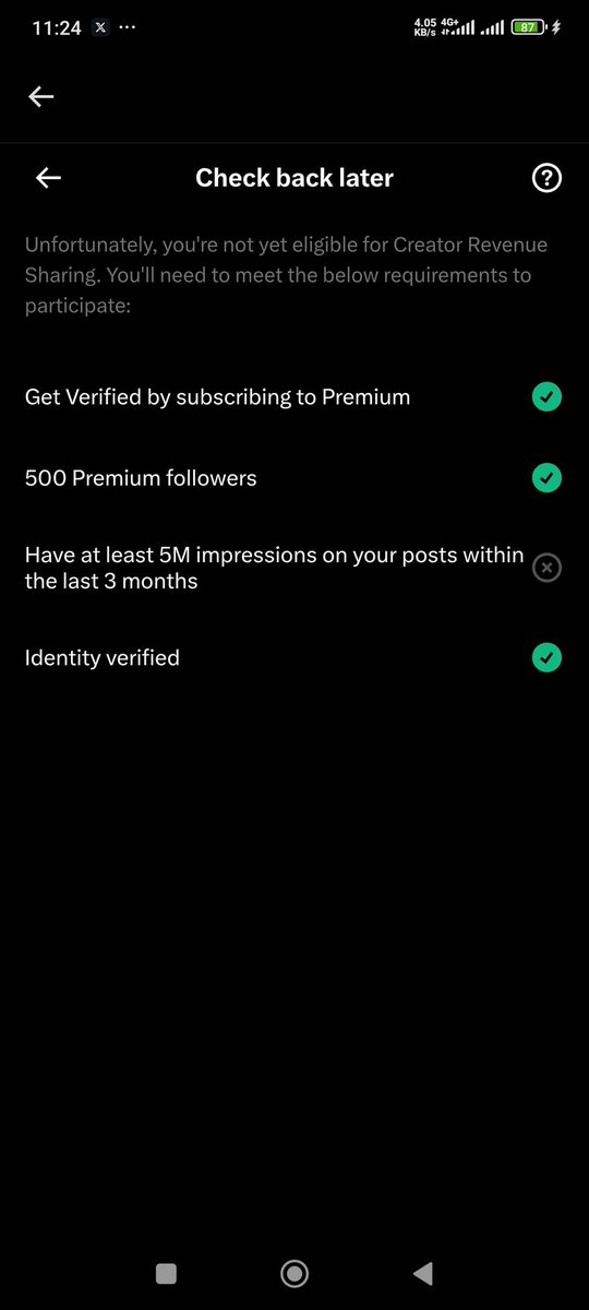 My blue tick expires today and I subscribe it again. Today make it 32 days that I'm actively liking and engaging others but I can't achieve 5m impression. If you see this post help🙏. I need to achieve this before next 2weeks.