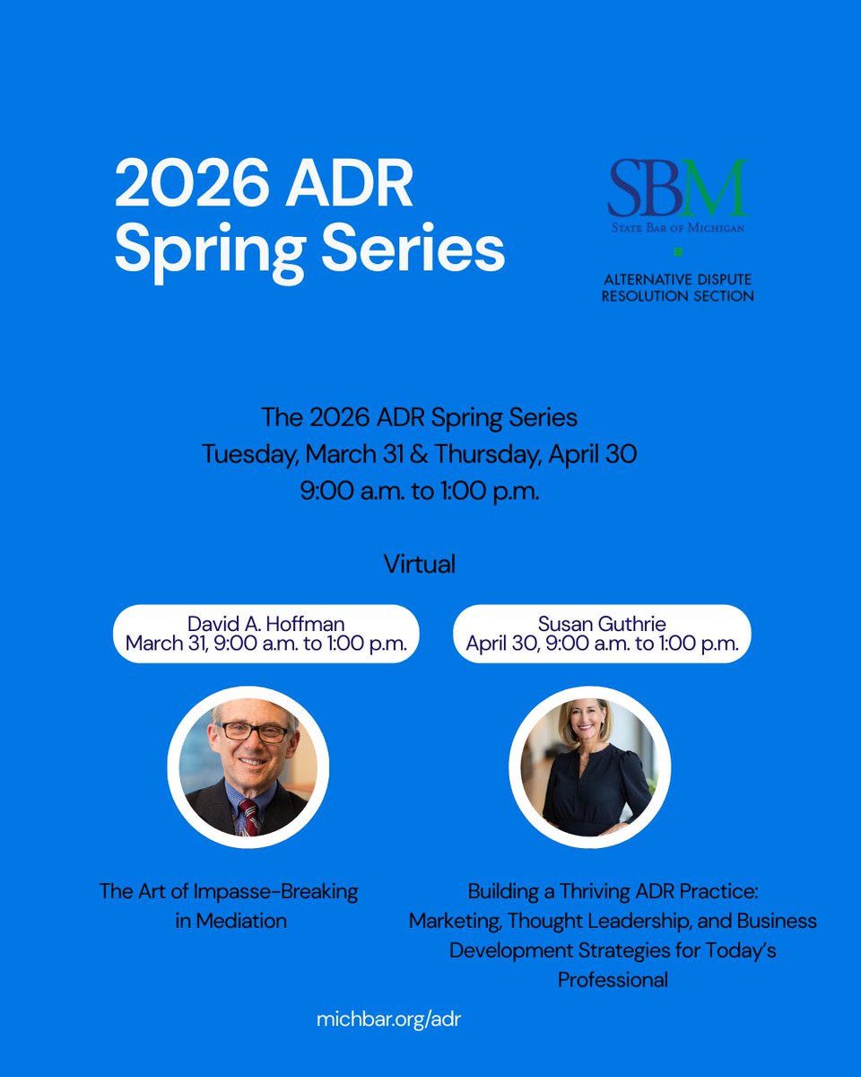 SBM_ADR's tweet photo. Registration Now Open for March 31 - The Art of Impasse Breaking in Mediation

https://t.co/mG1EG2ll6V https://t.co/X0s9U4nl27