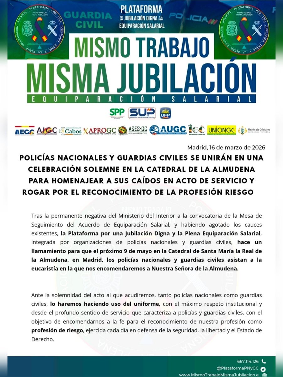 PlataformaPNyGC's tweet photo. Ante la ausencia de diálogo de la SES, anunciamos medidas contundentes
El próximo 9 de mayo acudiremos de #Uniforme a la eucaristía en la Catedral de la Almudena de #Madrid
En recuerdo de nuestros compañeros caídos y para reclamar que somos #ProfesiónDeRiesgo https://t.co/G2BffUWiVM