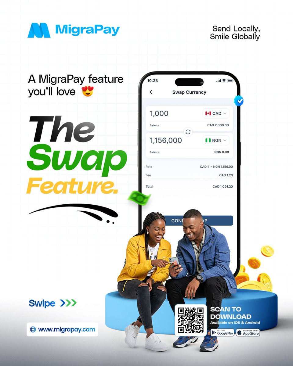 MigraPay's tweet photo. Your money shouldn’t be stuck in one currency.
With MigraPay Swap, you can convert funds already in your wallet and send them wherever they’re needed. Deposit in CAD, swap to NGN, USD, or GHS, and send in seconds.
Send Locally, Smile Globally. 🌍💸 

#MigraPay #SendMoneyAbroad #RemittanceMadeEasy #GlobalTransfers