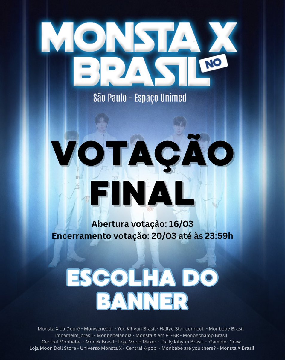 [PROJETO HAND BANNER] 

Monbebe, fase final da votação do banner.
São 4 banners com artes inspiradas no Monsta X e Brasil 🇧🇷
Contamos com apoio de todos na escolha final do hand banner 🩵🩷

 Votação no link abaixo ⤵️

🔗 forms.gle/EAcHX9btr7RhL7…

⚠️ A arte vencedora poderá sofrer