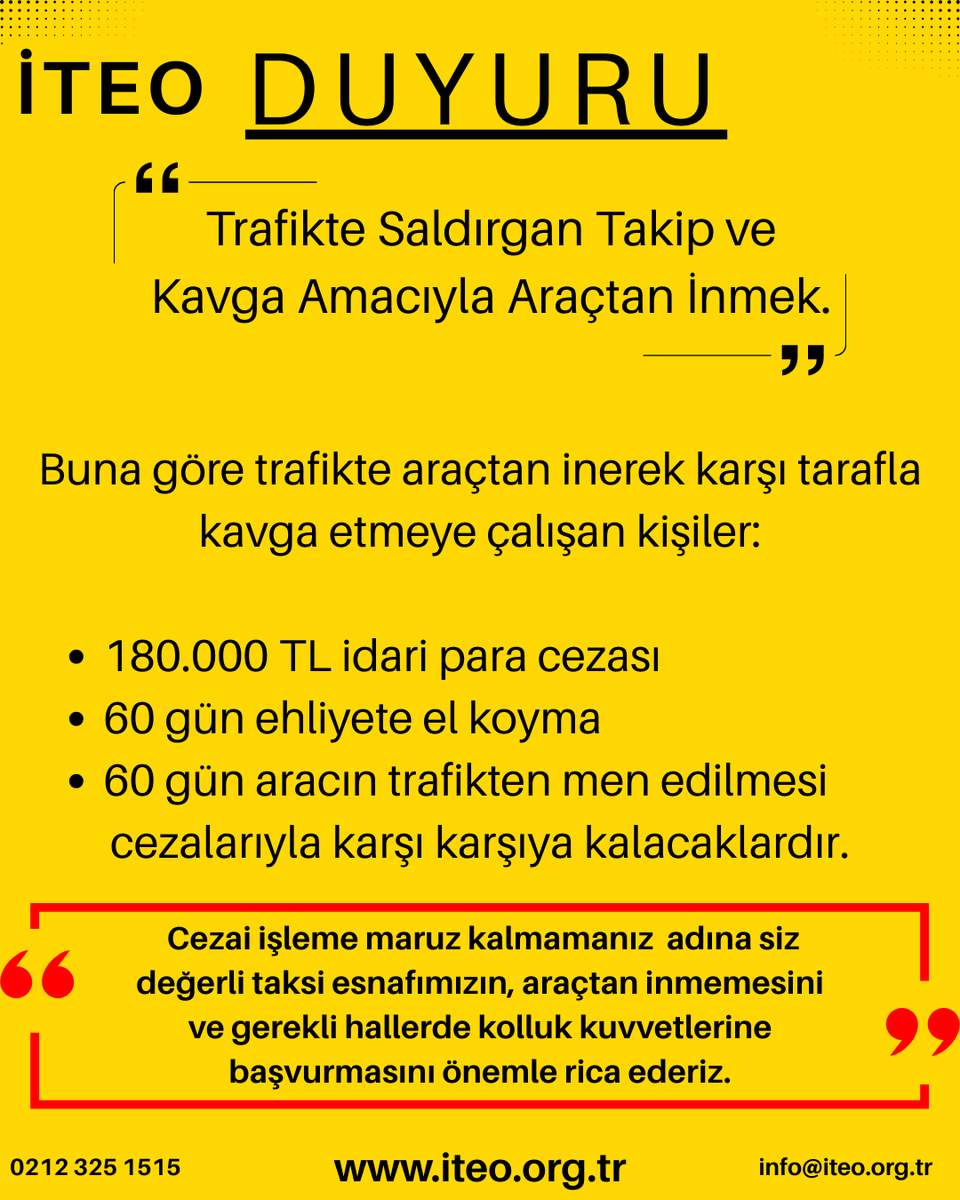 Değerli Taksi Esnafımız,

Trafik cezalarının arttırılmasına yönelik yeni değişiklikler 27.02.2026 tarihinde Resmi Gazetede yayımlanarak yürürlüğe girmiştir.

Buna göre:
↪️Trafikte saldırgan takip ve kavga amacıyla araçtan inildiği takdirde;
🚫180.000 TL idari para cezası
🚫60 gün