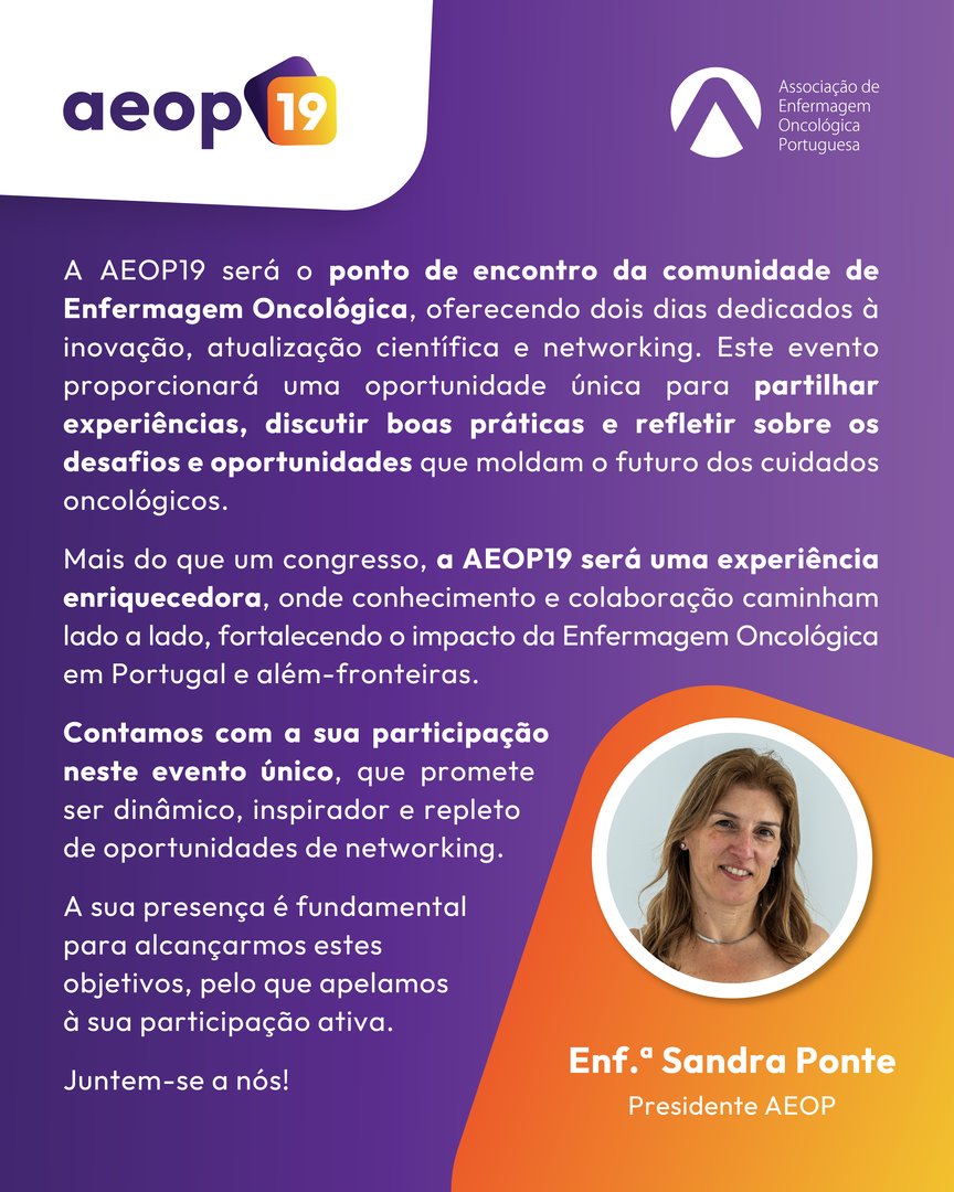 AEOP3's tweet photo. A Enf.ª Sandra Ponte, partilha uma mensagem de motivação e convite a todos os profissionais. 💬​Leia a mensagem na íntegra e deixe-se inspirar pelo desafio de continuarmos a elevar os cuidados oncológicos em Portugal.  🤝

#AEOP #EnfermagemOncológica #AEOP19 #MensagemBoasVindas https://t.co/N5PLGAJfJ6