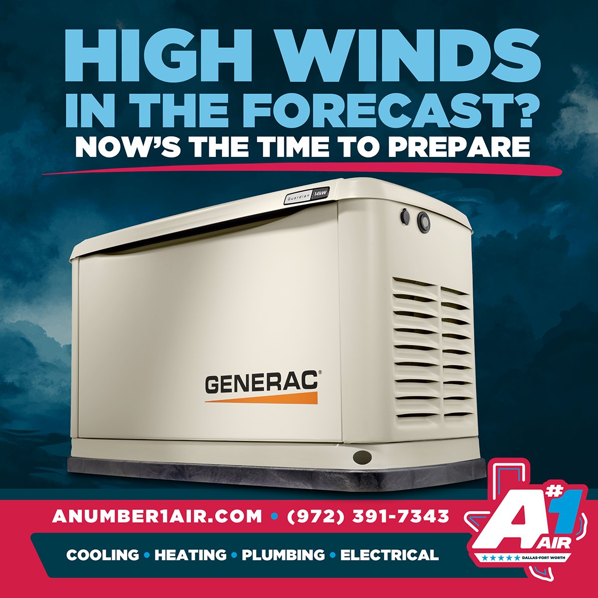 Strong winds can mean unexpected power outages🔌 Now is the time ⏰ to start thinking about backup power with a home generator

Stay prepared⚡ Schedule your generator estimate✅ (link in bio)

#A1Air #Dallas #Texas #HVAC #Electrical #Plumbing #Generator #WindAdvisory