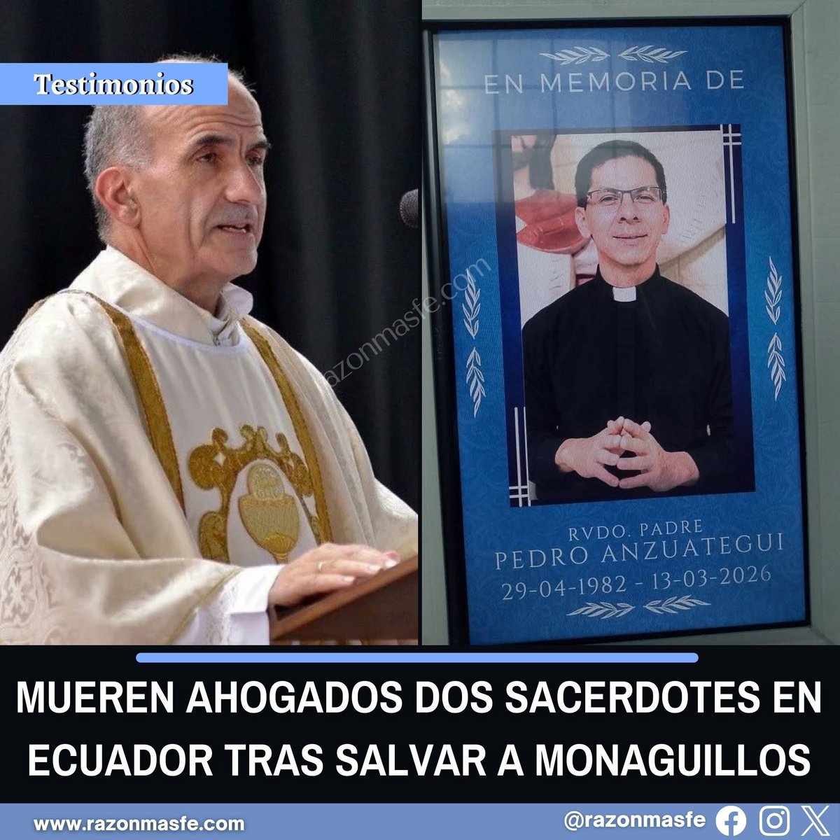razonmasfe's tweet photo. 😥 Tragedia en Playas (Guayas): los sacerdotes Alfonso Avilés Pérez (español, párroco de Daule) y Pedro Anzoátegui murieron ahogados el 13 de marzo de 2026 tras lanzarse al mar para rescatar a dos monaguillos arrastrados por la corriente durante un retiro espiritual de Cuaresma.  
🙏  Los menores fueron salvados gracias a su heroico acto, pero ambos sacerdotes no lograron salir del fuerte oleaje.  
✝️ La Iglesia y la comunidad católica lloran su entrega total, recordando las palabras de Jesús: "No hay amor más grande que dar la vida por los amigos".  Descansen en paz estos pastores valientes.  #Sacerdotes #Iglesia #Ecuador