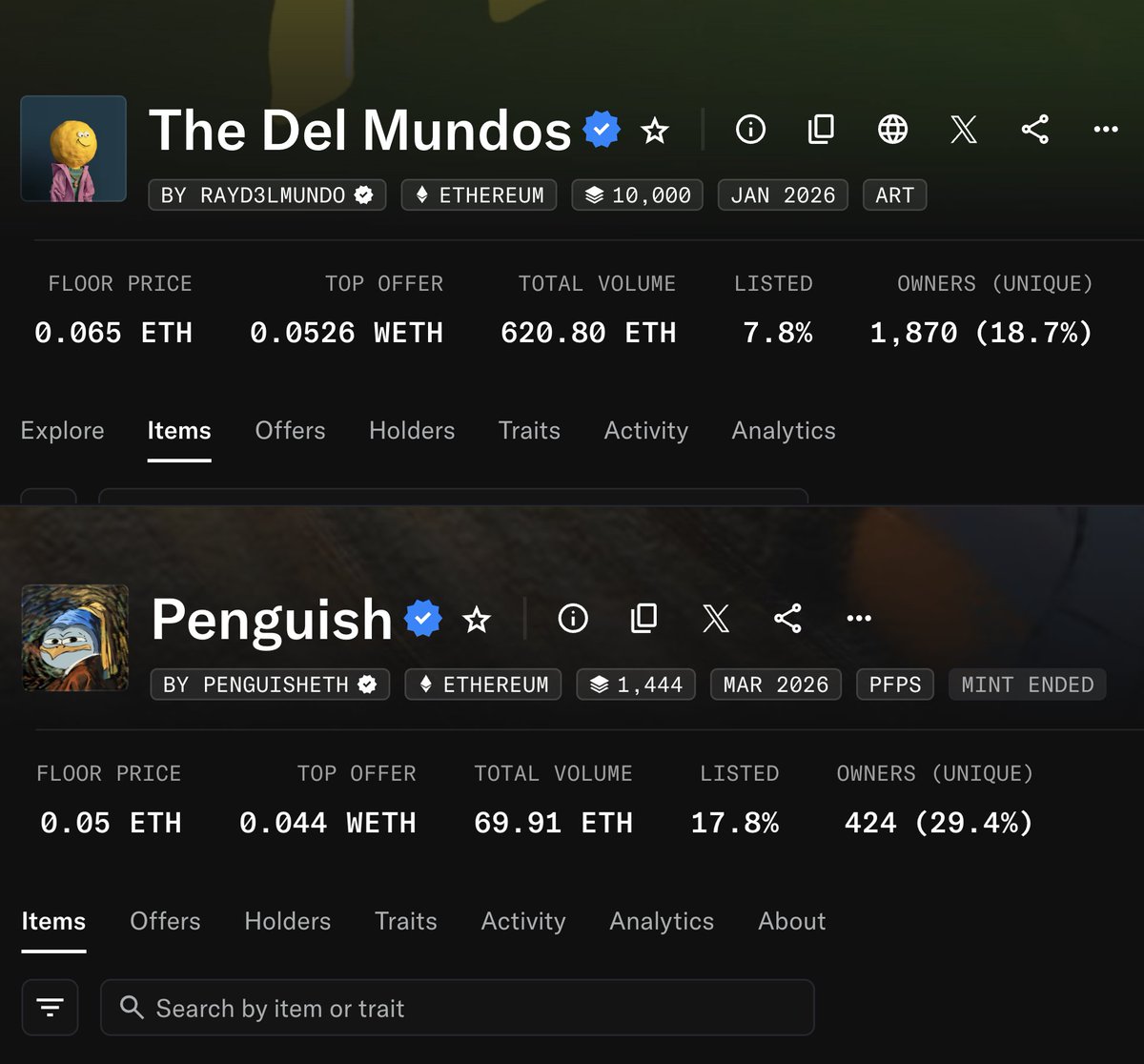 new generation nft art is coming from collections like

<a href="/D3lMundos/">The Del Mundos</a>
<a href="/PenguishETH/">Penguish</a>

trying to decide which one to pick up
