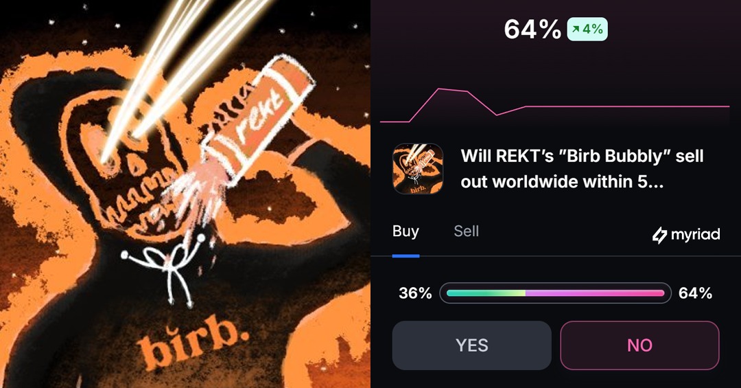 MyriadMarkets's tweet photo. NEW MARKET: Will @rektdrinks' Birb Bubbly sell out worldwide within 5 minutes?