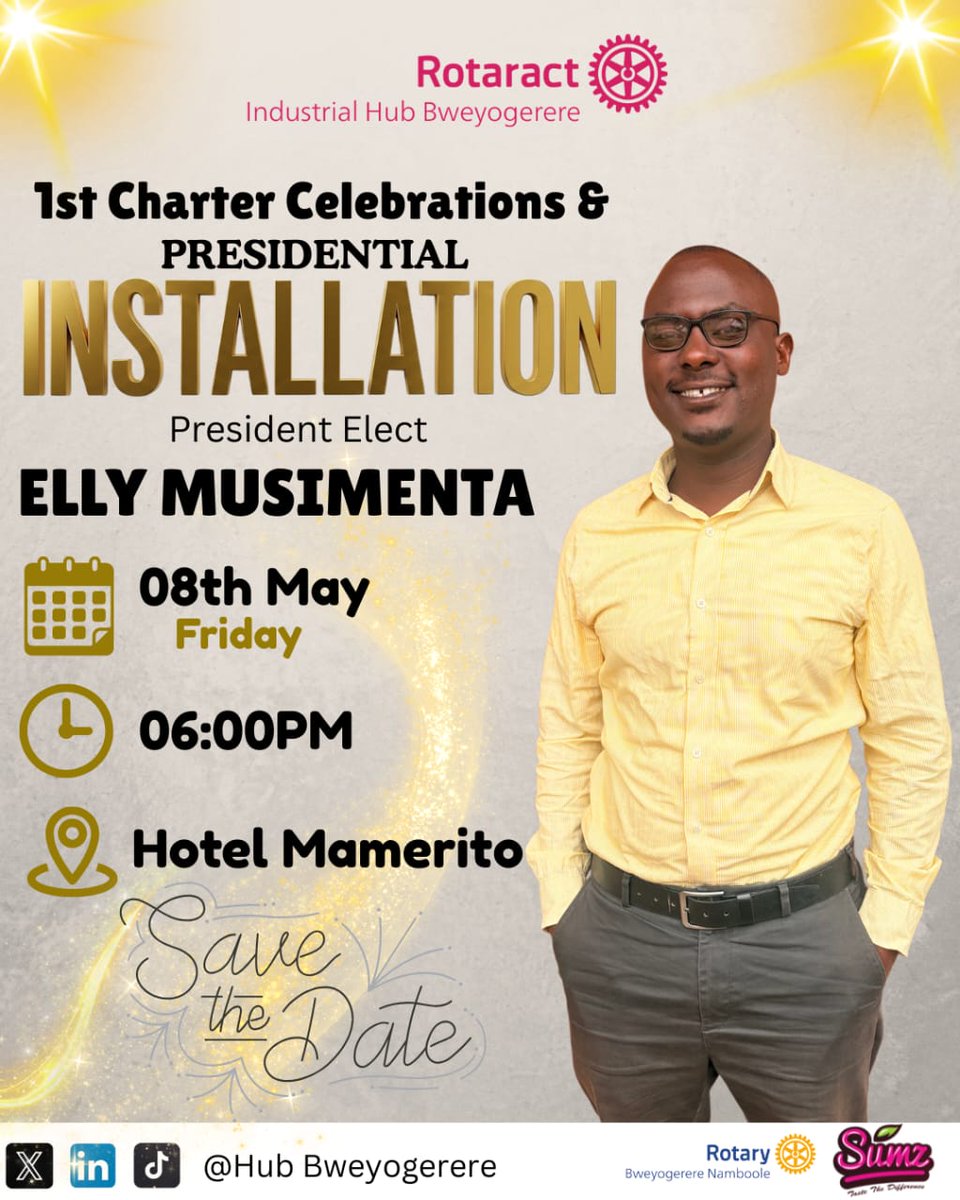 HubBweyogerere's tweet photo. The countdown to history is on
Join us for the 1st Charter Celebration &amp; Presidential Installation of President Elly Musimenta, a night marking the start of a new journey in service, leadership and impact.
📅 08 May 2026
⏰ 6:00 PM (EAT)
📍 Mamerito Hotel, Bweyogerere
Don’t miss! https://t.co/I7fxnxdiw8