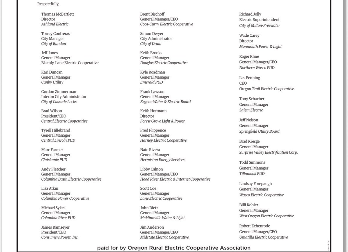 Jeff_Eager's tweet photo. Consumer-owned utilities including electric co-ops ran ads in major newspapers across Oregon yesterday calling out Gov Tina Kotek for undermining hydro power and hiking utility rates while claiming focus on “affordability.” These are not right-leaning or political outfits. https://t.co/gLbyqouEq1