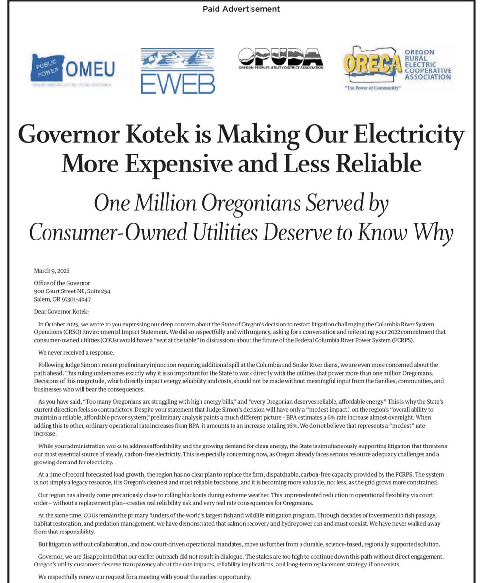 Jeff_Eager's tweet photo. Consumer-owned utilities including electric co-ops ran ads in major newspapers across Oregon yesterday calling out Gov Tina Kotek for undermining hydro power and hiking utility rates while claiming focus on “affordability.” These are not right-leaning or political outfits. https://t.co/gLbyqouEq1
