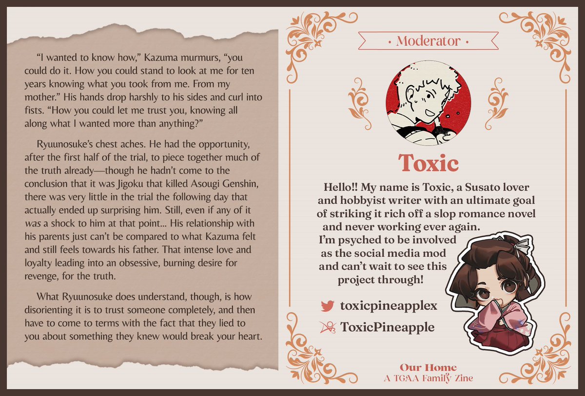 tgaafamily's tweet photo. MOD SPOTLIGHT 🍵 

The last member of our team to introduce is Toxic, who is managing the socials and writing the captions you’ve surely been enjoying thus far! 👀 

TWT: @toxicpineapplex 
AO3: ToxicPineapple https://t.co/r6D3xagwoz