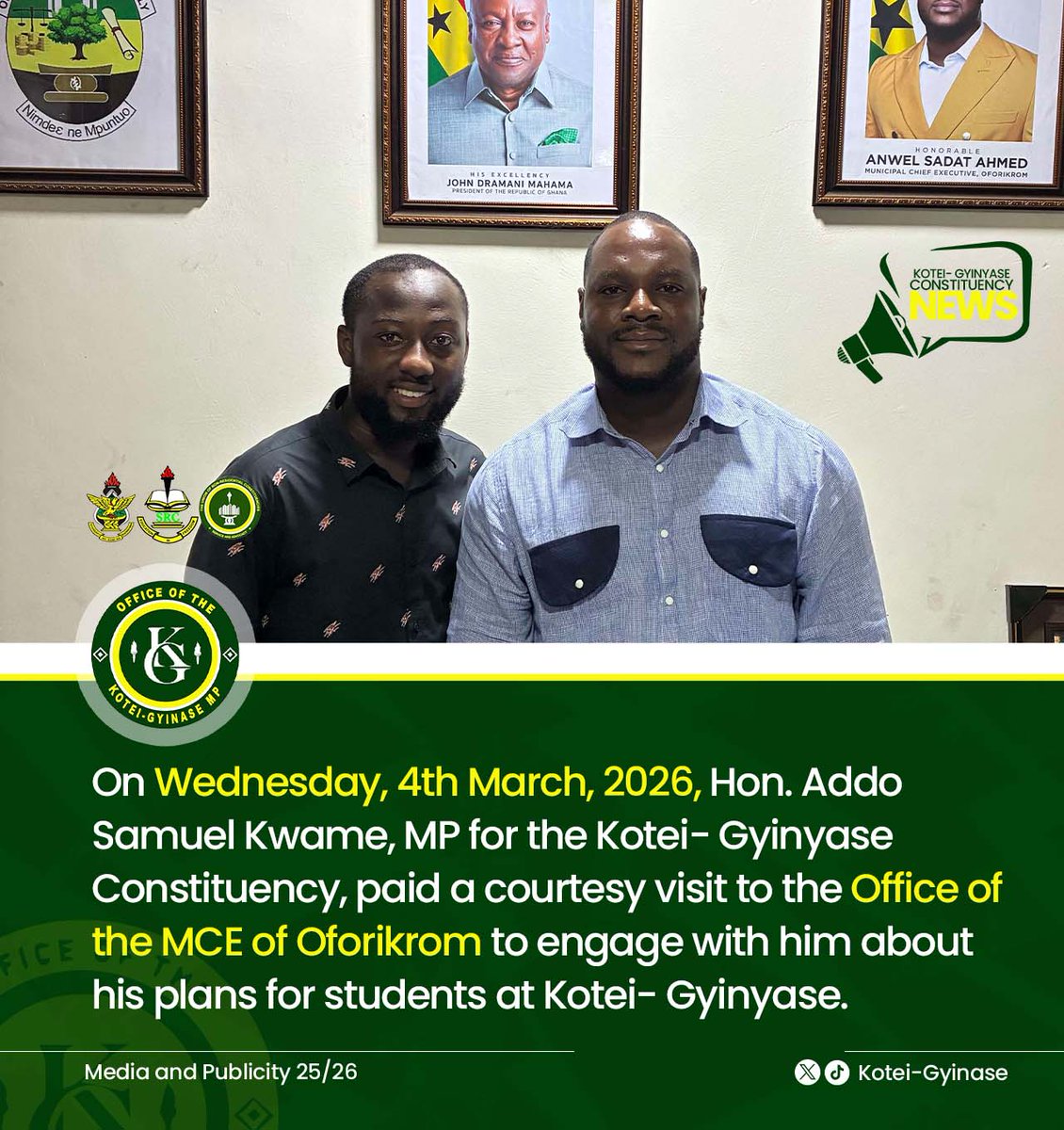 Our MP, Hon Addo Samuel Kwame met with the OFORIKROM MCE, Hon. Anwel Sadat, engaging in a constructive dialogue on pressing issues affecting our constituency. 
 
<a href="/knust_src/">KNUST SRC.</a> <a href="/DoSA_KNUST/">DoSA KNUST</a>