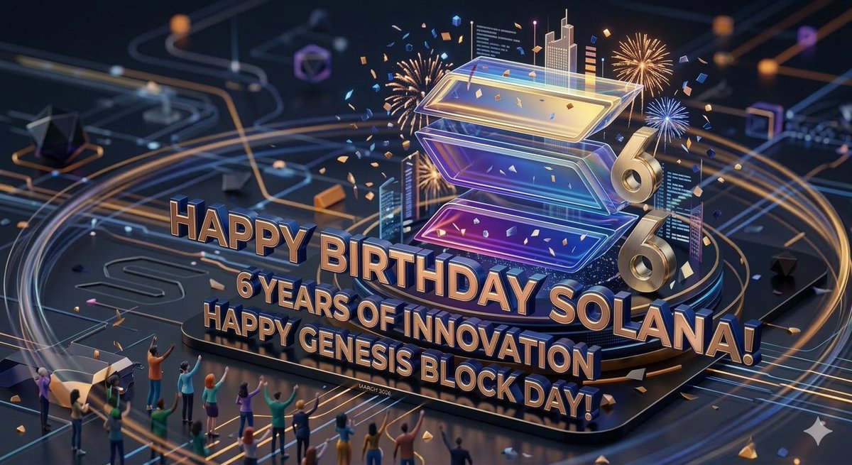 2027_2026's tweet photo. π Happy Birthday to the incredible $Solana network! Six years of speed, scalability, and innovation. Here's to many more! ππ
β#Solana #SOL #SolanaBirthday #Crypto #Blockchain #GenesisDay https://t.co/KZwTa8uCpf