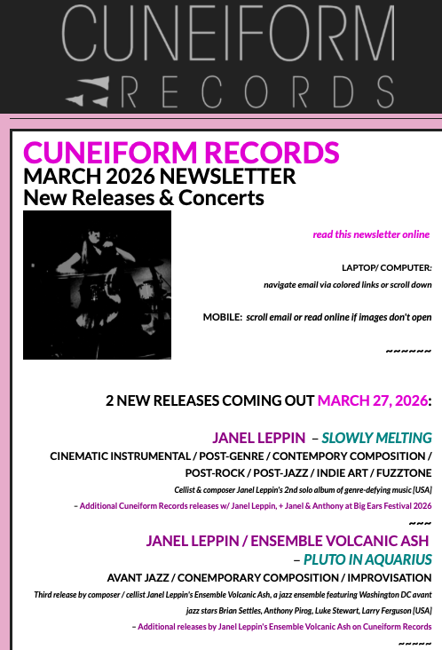 waysidemusic's tweet photo. CUNEIFORM RECORDS March 2026 Newsletter: 2 new JANEL LEPPIN releases, global concerts &amp; more: https://t.co/3PIUyr6wwv https://t.co/KX5MAOfvZV