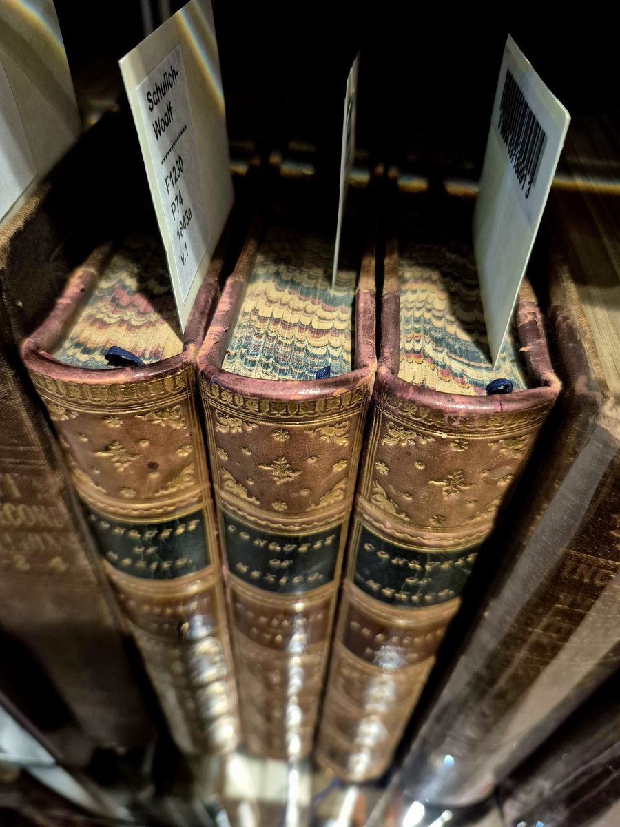 jordan_library's tweet photo. Happy #MarbledMonday!
A colourful detail tucked into the edges of this three-volume 1843 edition of History of the Conquest of Mexico by William H. Prescott.
Three volumes, one continuous flourish of colour.
#SpecialCollections #MarbledPaper #RareBooks https://t.co/aod8OSdSEa