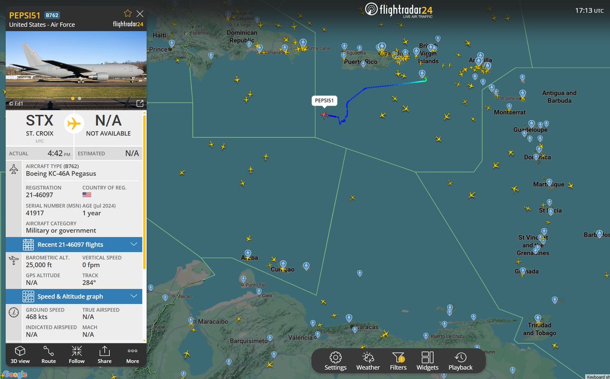 Flightwatcher1's tweet image. #USAF KC-46A Pegasus
Código de llamada: PEPSI51 
Matricula: 21-46097 
Hex: #ae63cd
Desde St Croix🇻🇮 en una nueva misión de reabastecimiento en vuelo al sur del Paso de la Mona🇵🇷🇩🇴
#USVI #SOUTHCOM #OpSouthernSpear