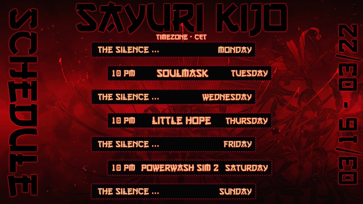 SayuriKijo's tweet photo. It's a new week, that means it's time for the new #StreamingSchedule!
Get your blankets and snacks ready little Snackrifices🖤
Stab you tomorrow! I mean.. see!!!
(Links in the Comments)   

#VTuberEN #Twitch https://t.co/4QNpGBarmO
