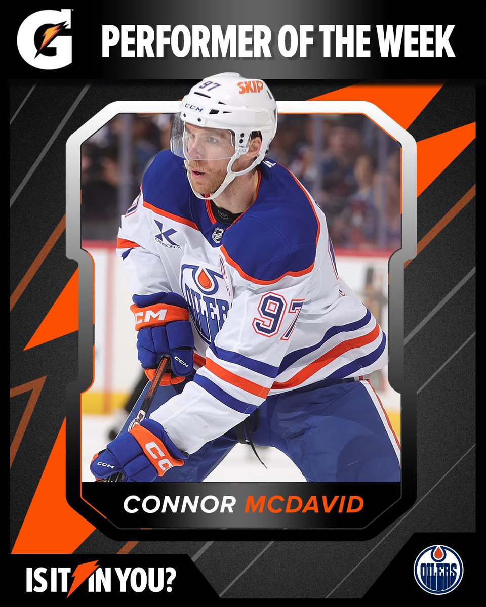 The Captain makes it happen 🫡

Recording two goals &amp; four assists through four games as the #Oilers went 2-1-1, Connor McDavid is our <a href="/Gatorade/">Gatorade</a> Performer of the Week!