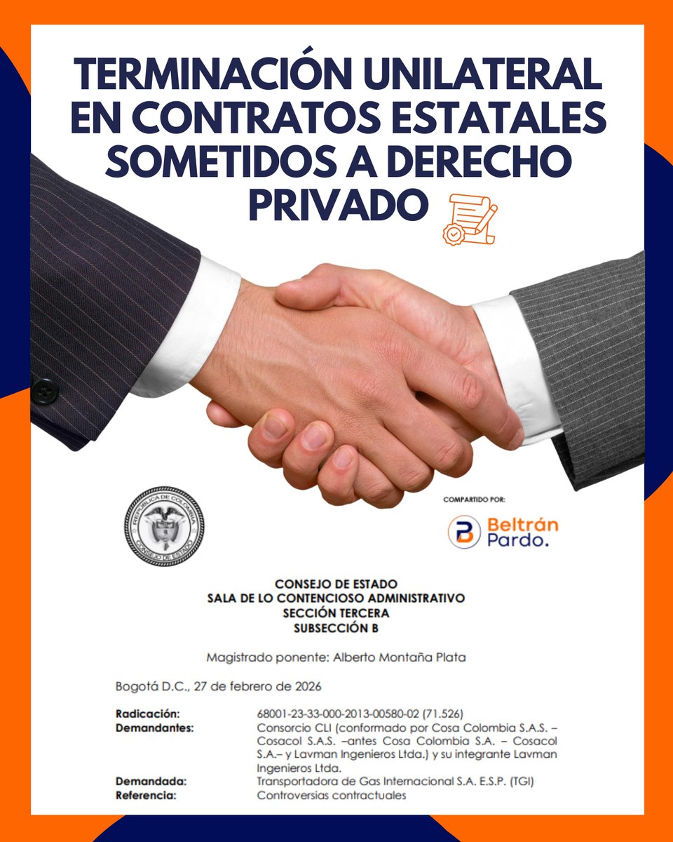 bpaabogados's tweet photo. TERMINACIÓN UNILATERAL EN CONTRATOS ESTATALES SOMETIDOS A DERECHO PRIVADO ⚖️

En reciente sentencia, el Consejo de Estado 🧑🏻‍⚖️ precisó que, en los contratos estatales 📄 sometidos al régimen de derecho privado, la estipulación de una cláusula de terminación unilateral 🛑 constituye un pacto válido 🤝 derivado de la autonomía de la voluntad de las partes. En virtud de dicho acuerdo, una de ellas puede dar por terminado 🔚 el contrato sin necesidad de declaratoria judicial👩🏻‍⚖️ siempre que se configuren los supuestos previamente establecidos en el contrato.‼️

OJO 👀 Esta facultad no ❌ implica una prerrogativa del poder público ni el ejercicio del ius puniendi, sino que se trata de un acto contractual 📑 que debe respetar los principios de buena fe 🤝 y la prohibición del abuso del derecho. ⚖️

Consulta la sentencia 🔗 https://t.co/C1WQnXiAI5

#BPInforma #MoverNosMuee #JuntosSomosMás #ContrataciónEstatal