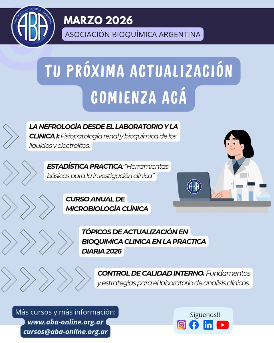 BioReview's tweet photo. 📢 ¿Ya te inscribiste en los cursos de marzo de la ABA?
🔬 Nefrología | Microbiología | Estadística | Bioquímica Clínica | Control de Calidad
No te quedes afuera 👉 https://t.co/coL848S63E
#ABA #Bioquímica #Capacitación #Laboratorio https://t.co/a3joGEXipf