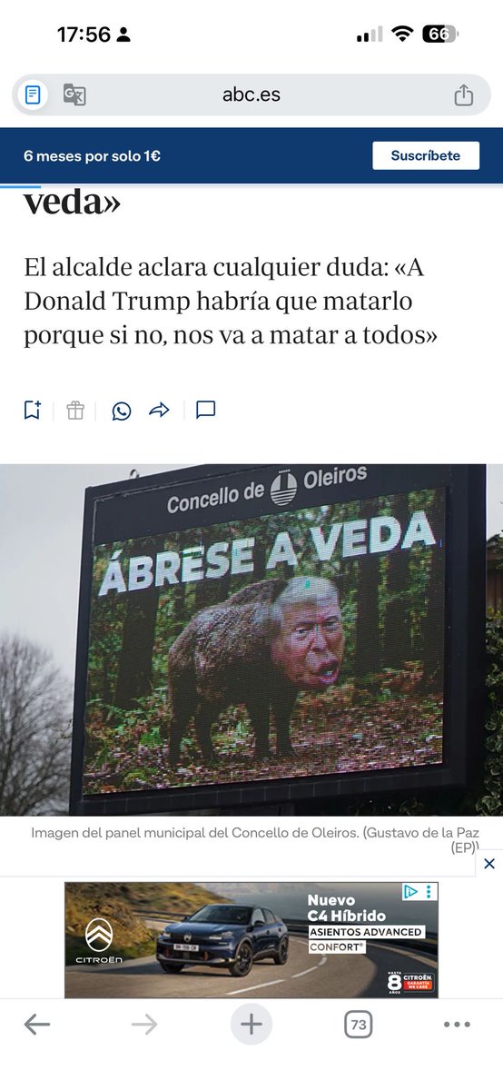 seanstowell's tweet photo. How my daughter’s town council in Spain communicates with motorists at a roundabout - a screen depicting Trump as a hog - with the slogan ‘Let The Hunt Begin’ .. https://t.co/OKgEAkUIBV