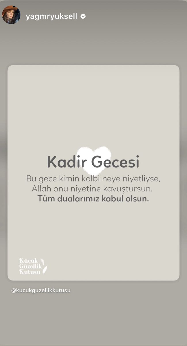 📲. #YağmurYüksel via Instagram storys.

Noite de Kadir

Que nesta noite, aquilo que o coração de cada pessoa deseja,
Deus a faça alcançar a sua intenção.
Que todas as nossas orações sejam aceitas.