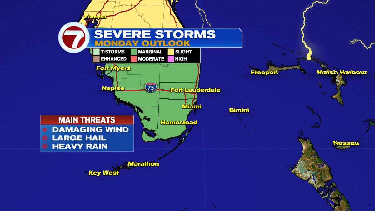 DylanFedericoWX's tweet photo. A cold front will bring a round of storms to South Florida overnight. A few of those storms could become severe. The main threats are damaging winds, pocket change hail, heavy rain, and frequent lightning. #flwx https://t.co/eUnU4sSoS6