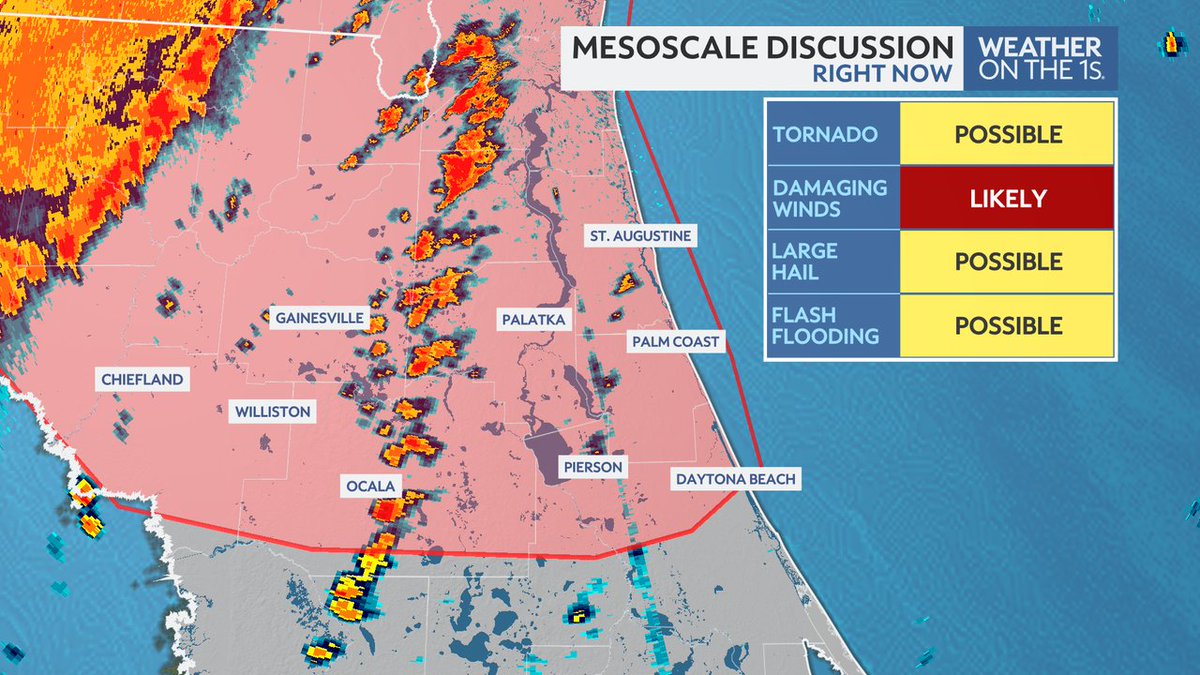 ZachCoveyTV's tweet image. We are currently monitoring the chance of an expansion of the tornado watch eastward. The locations that could see a watch being issued are highlighted in red. Impacts include a tornado threat, damaging winds to 70 mph and half dollar size hail. #flwx #tornado #severe