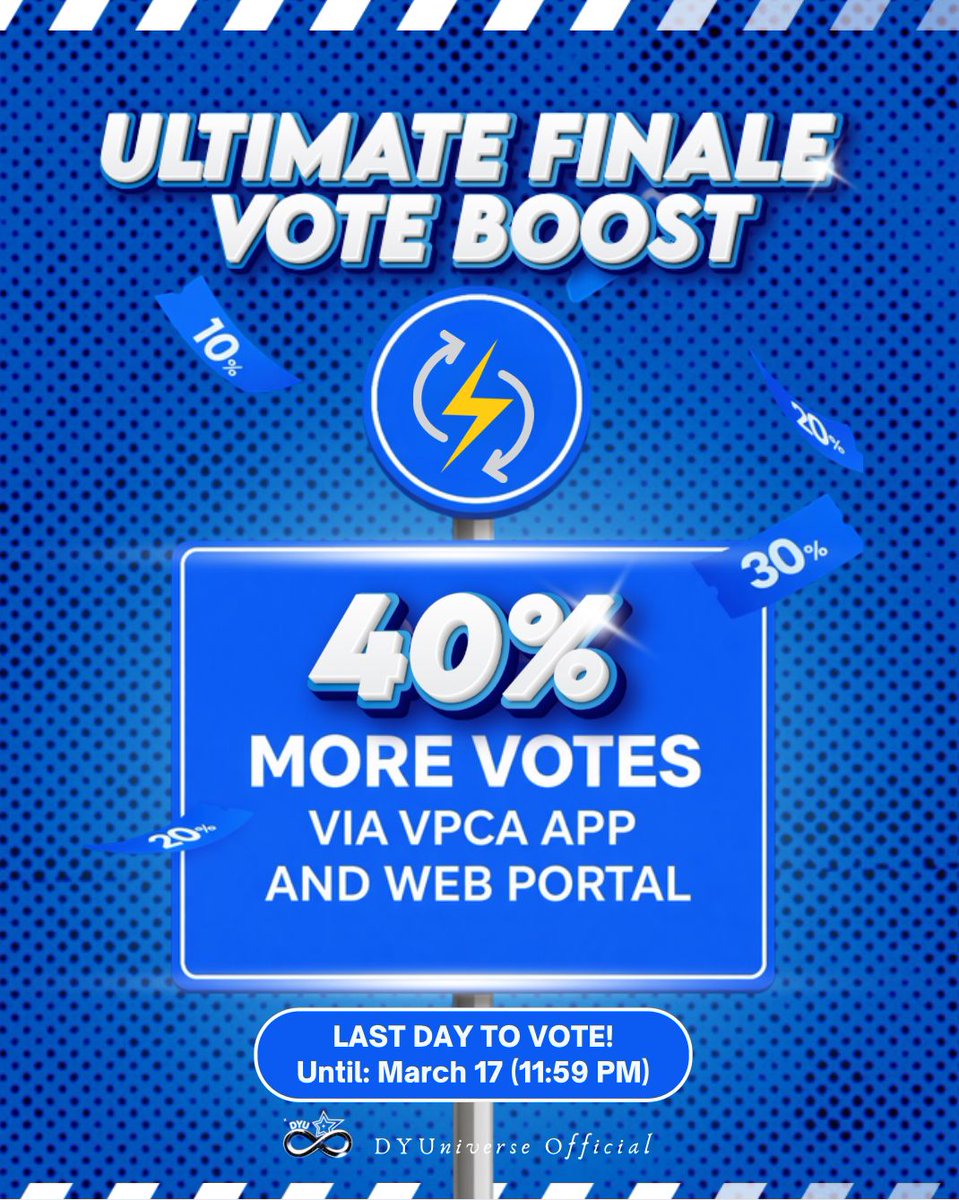dyu_vt's tweet photo. 𝑼𝑳𝑻𝑰𝑴𝑨𝑻𝑬 𝑭𝑰𝑵𝑨𝑳𝑬 𝑽𝑶𝑻𝑬 𝑩𝑶𝑶𝑺𝑻 ⚡️

Stardusts, we’re now down to the final stretch, with only a couple of hours left before voting closes on the VPCA app and web portal.

This final voting push just got bigger — enjoy 40% MORE VOTES and make every boost work even harder for Dustin.

If you’re planning to boost, now is the time to go all out. Let’s take full advantage of the 40% boost and finish this voting period with everything we’ve got.

All for Yu. 💙

#DustinYu
#7thVPChoiceAwards
