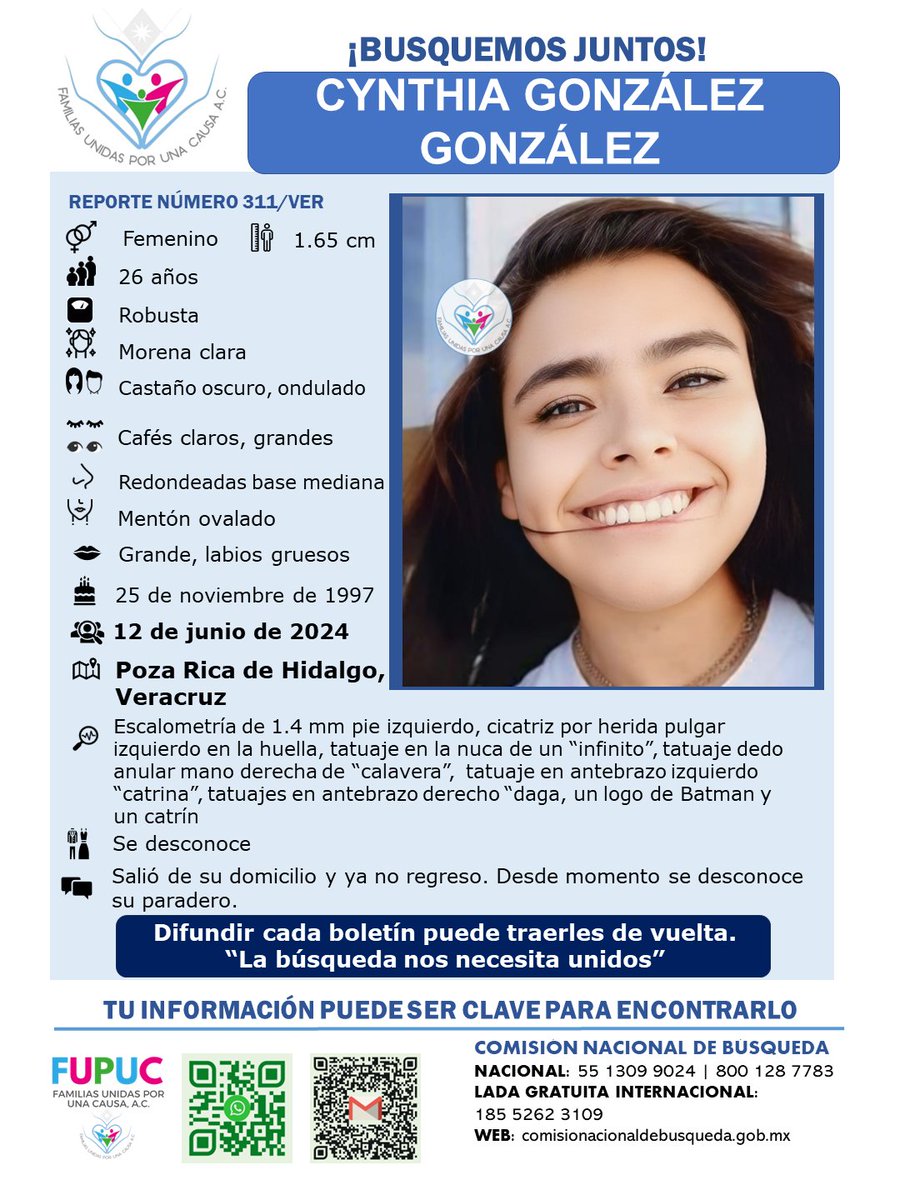 ¡TE ESTAMOS BUSCANDO!
CYNTHIA GONZÁLEZ GONZÁLEZ de 26 años, vista el 12/06/24 en #PozaRica #Veracruz ¿La has visto? <a href="/cebver/">Comisión Estatal de Búsqueda Veracruz</a> <a href="/VigilantesV/">Vigilantes Veracruz</a> <a href="/AztecaVeracruz/">TV Azteca Veracruz</a> <a href="/esnoticiaviral/">Es Noticia Veracruz</a> <a href="/Quadratin_Ver/">Quadratín Veracruz</a> <a href="/jornadaveracruz/">La Jornada Veracruz</a> <a href="/LSRVeracruz/">La Silla Rota Veracruz</a> <a href="/econsulta_ver/">e-veracruz.mx</a> <a href="/msalguerb/">María Salguero</a> <a href="/PatyOlamendi/">Patricia Olamendi</a> <a href="/vivirquintana/">Vivir Quintana</a> <a href="/DoreFerriz/">Dore Ferriz Híjar🇲🇽</a>