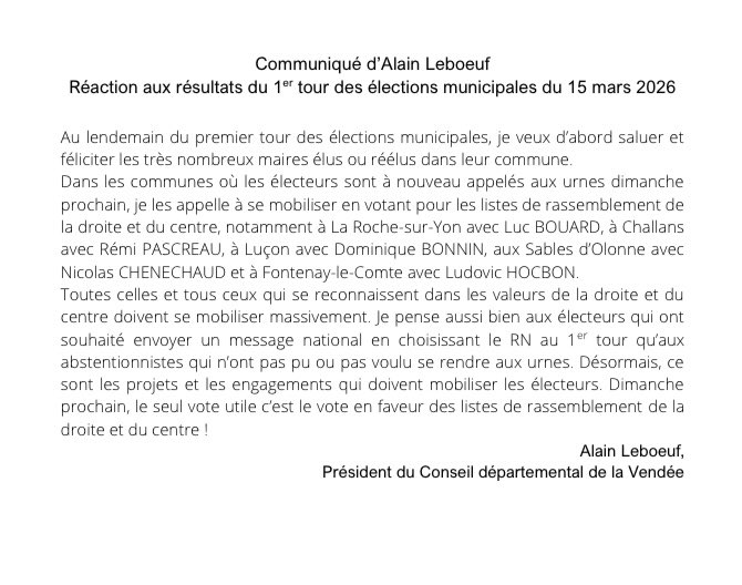 a_leboeuf's tweet photo. Ma réaction aux résultats du 1er tour des élections municipales du 15 mars 2026. Retrouvez mon communiqué de presse ⤵️ https://t.co/JL2QWnkDSw