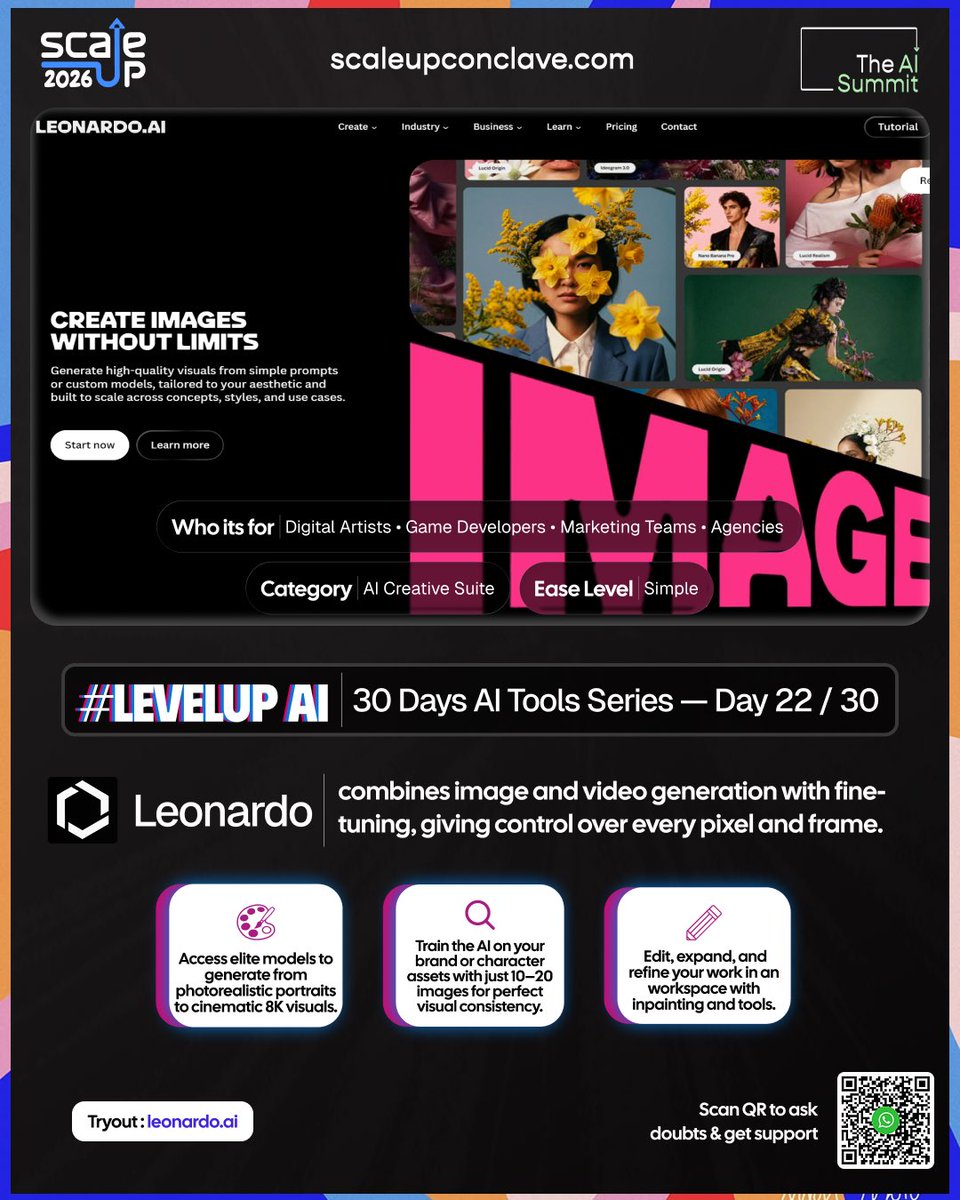 scaleupvillage's tweet photo. LevelUpAI — Day 22/30

Create stunning visuals with Leonardo AI 🎨
An AI creative suite that helps you generate high-quality images, train custom models, and refine visuals with powerful editing tools.

💬 Join our WhatsApp group:
https://t.co/lKxLTloqU7

#LevelUpAI #AITools https://t.co/vyi5XN36k7