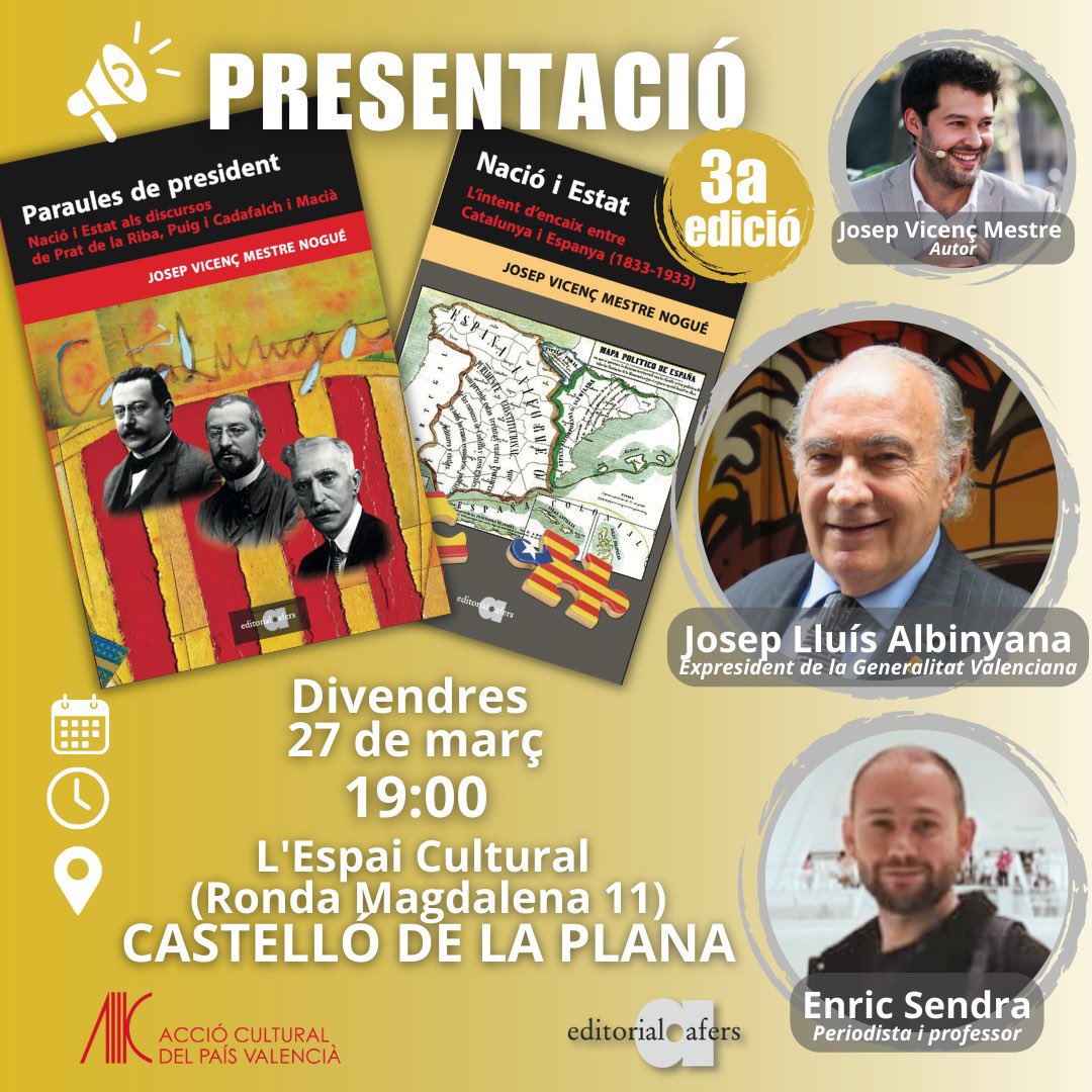jvmestrenogue's tweet photo. 📣 PAÍS VALENCIÀ!
Amb el 1er president de la @generalitat Josep Ll. Albinyana i @EnricSendra_ presentarem la #3aEdició de #ParaulesDePresident i #NacióIEstat a CASTELLÓ de la PLANA!

🗓️ Divendres 27 de març
⏰ 19:00
📍 L’Espai Cultural @AccioCulturalPV a Castelló

@editorialafers https://t.co/FYEQl57WTH